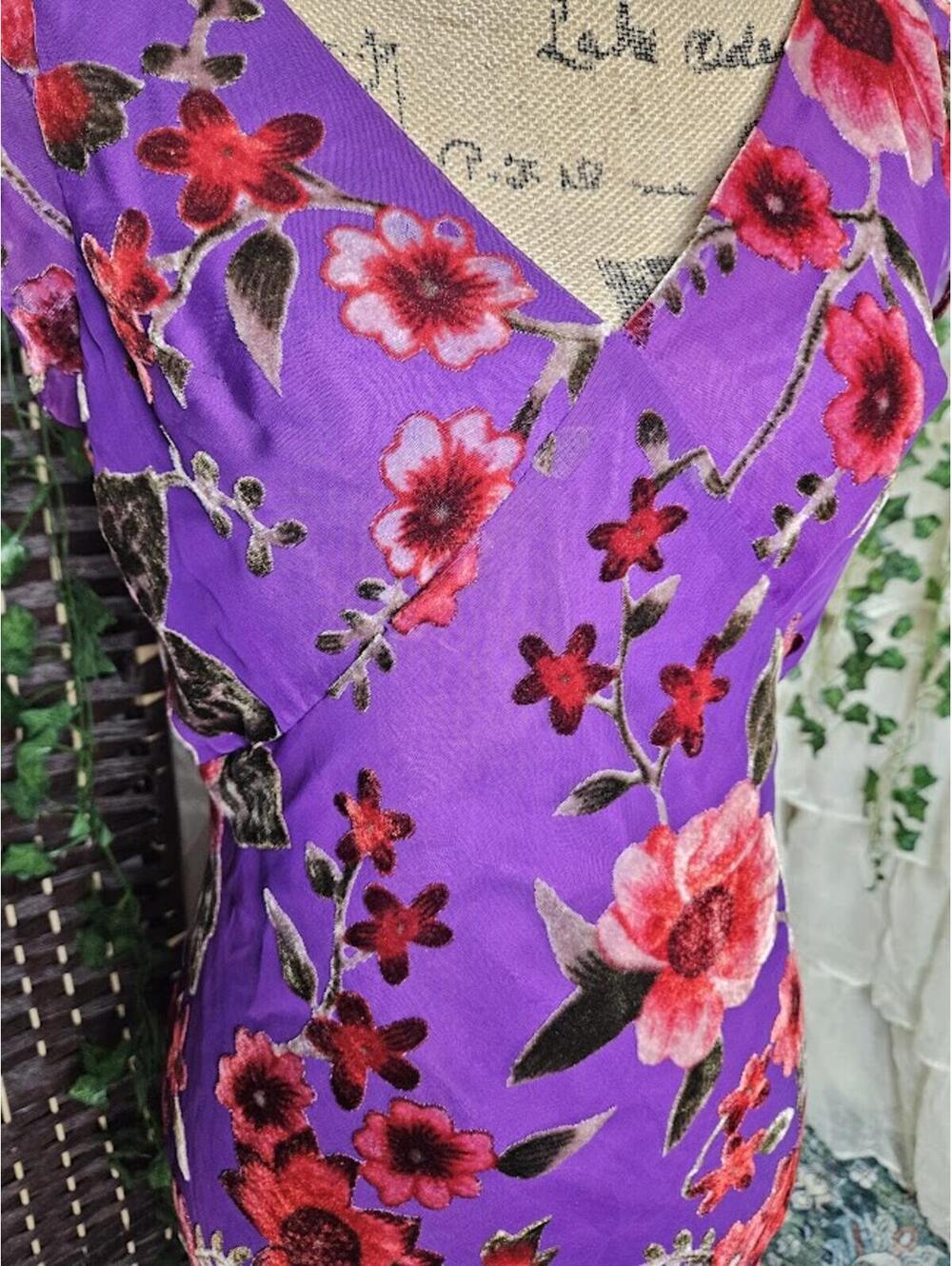 Vintage Purple Floral Midi Dress | Romantic Cottagecore Bold Garden Party Dress - Picture 2 of 5